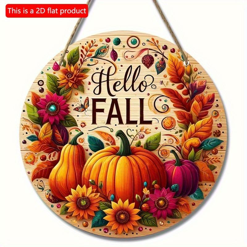 2d Flat 20*20cm, Autumn Home Decoration, "hello Fall", Wooden Welcome Circular Creative Decoration Logo, for Home, Kitchen, Garden, Bedroom, Bar Decor
