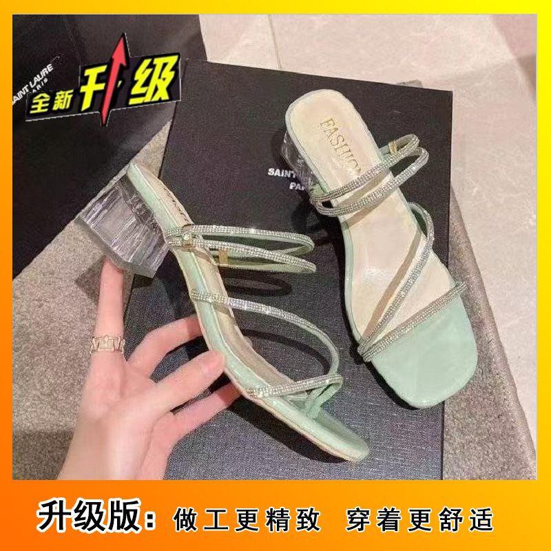 Летняя одежда 2025 года, популярные французские тапочки со стразами, женские туфли на среднем каблуке, юбка в стиле феи на высоком каблуке, универсальные босоножки на низком каблуке