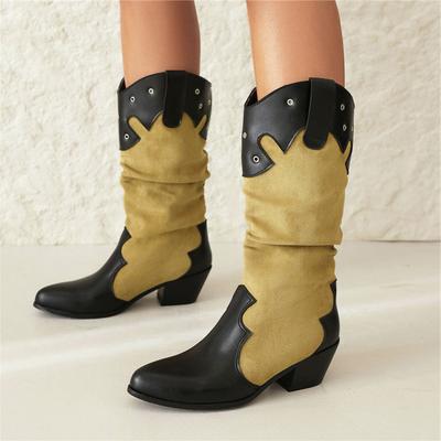 FOREADA Женские ковбойские сапоги до середины икры с круглым носком, на толстом среднем каблуке, смешанных цветов, в западном стиле, ковбойские, женская модная обувь, зима 43