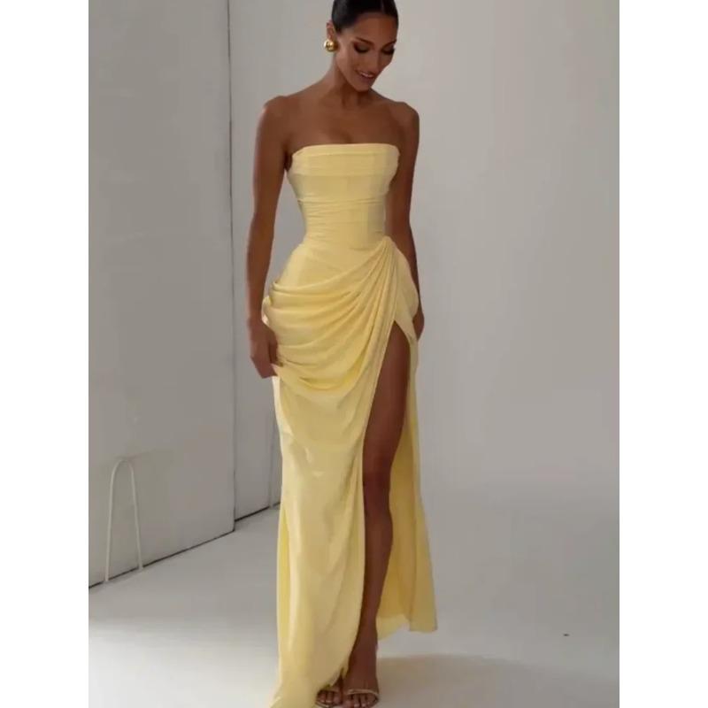 Solid Sexy Pleated Strapless Dress Women Chic Off-shoulder Backless High Waist Split Maxi Dresses 2026 New Evening Party Gown