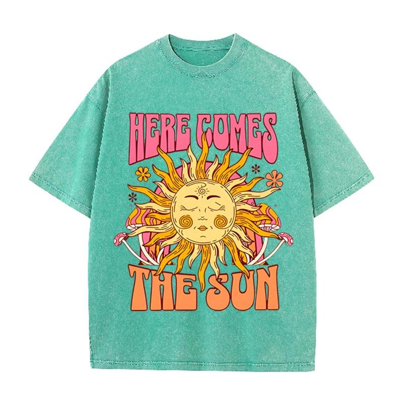 Винтажная черная футболка "Here Comes The Sun" Ретро Психоделическое Солнце Кислотная стирка