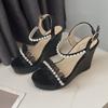 Fashion Pearl Women's Sandals Black Platform Ladies Shoes Lace Wedges Heel New Breathable Fashion Asian Size Pvc Wholesale High Quality