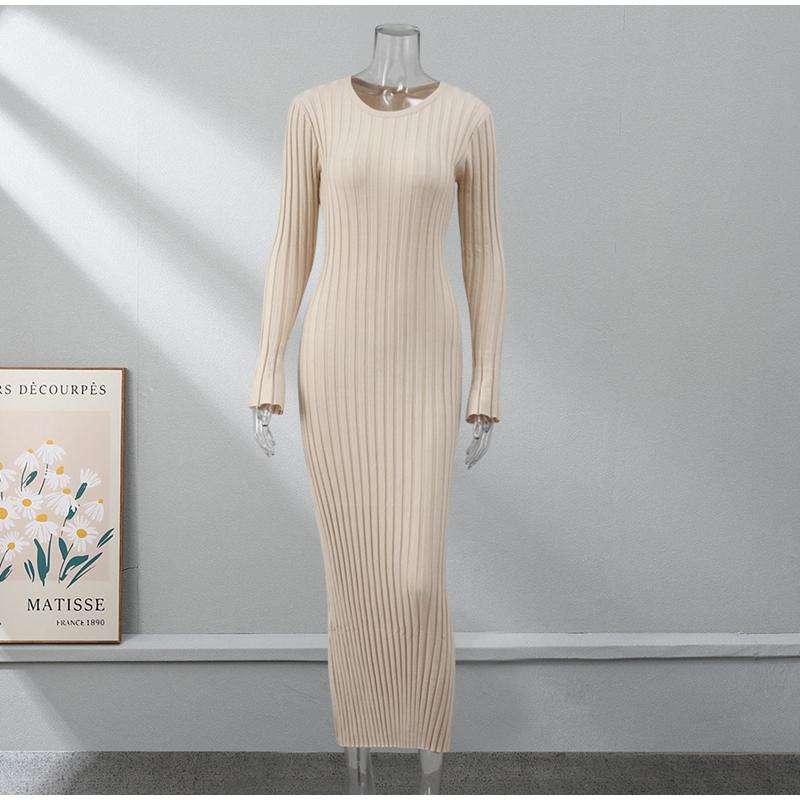 Сплошное цветное вязаное платье с круглым вырезом и длинными рукавами, женское плиссированное тонкое белое длинное платье, женская офисная уличная одежда, Vestido