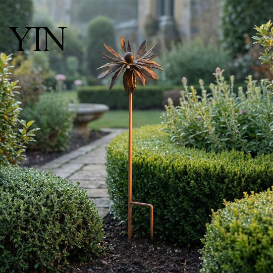 Powder Coated Garden Stake Vintage Rusty Cornflower Ground Stake, 24 Inch Metal Artistic Wire Art Outdoor Flower Decor, Rustic Sculptures for