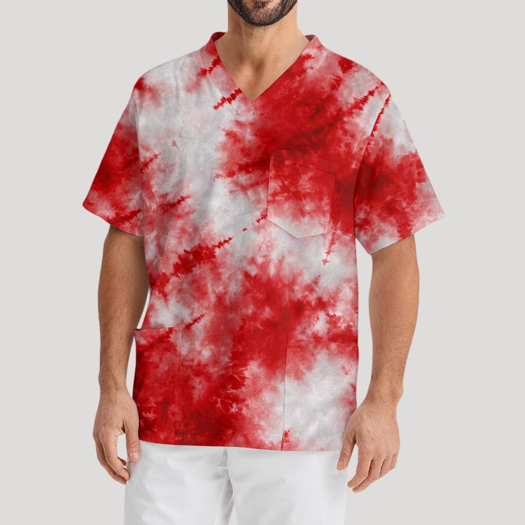 Мужская рабочая блузка с короткими рукавами и v-образным вырезом с принтом, топ с нагрудным карманом