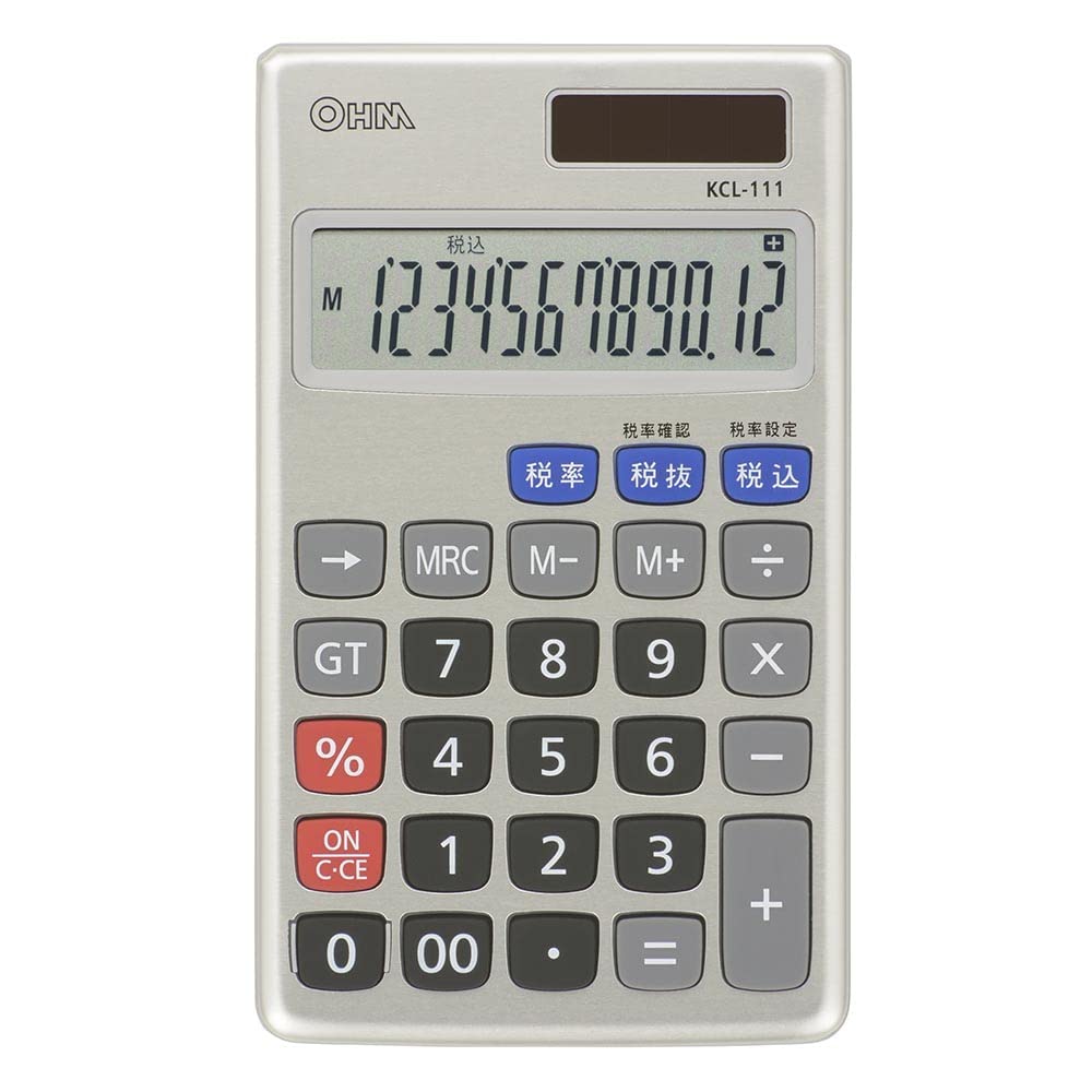 Ohm Electric Calculator 12 Digits Tax Rate Setting with Tax Rate Calculation Function 2 Power Sources Solar Battery with Notebook Cover OHM KCL-111