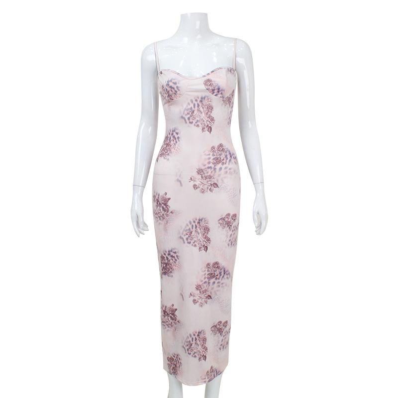 Women's Halter Print Breast Cup Fanny Pack Hip Low Cut Sexy Hot Dinner Fashion Dress