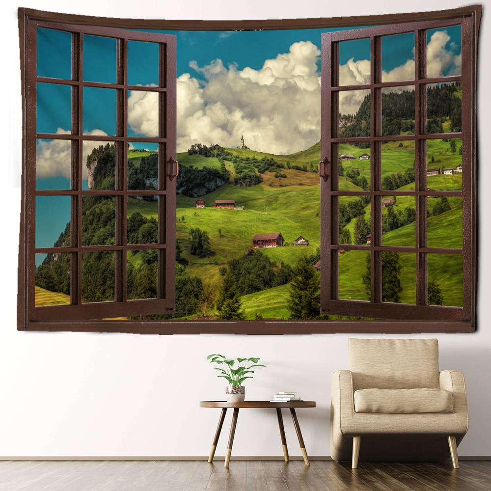 Окно Хижина на вершине холма Пейзажный гобелен Настенный природный пейзаж Гостиная Спальня Эстетический декор комнаты Фоновая ткань