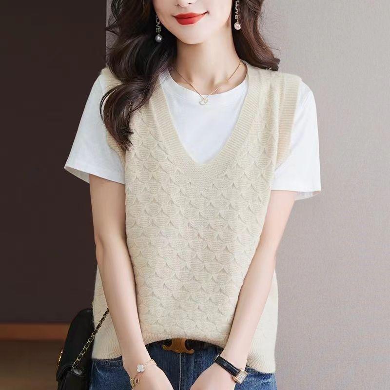Женский свитер-жилет свободного кроя, повседневный вязаный жилет, свитер с круглым вырезом, женские топы-жилеты
