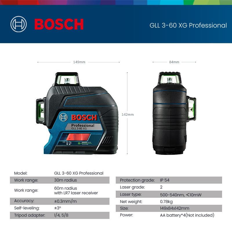 Bosch Профессиональный лазерный уровень Gll3-60XG 3D12 Line Nivel Laser Высокомощный зеленый самовыравнивающийся крестовый лазерный уровень 360