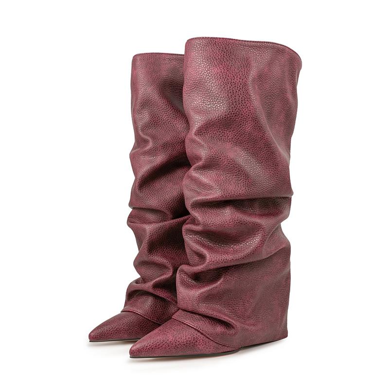 Женские высокие сапоги с принтом крокодила, с острым носком, леопардовым принтом, на танкетке, в стиле ретро, слипоны, с голенищем до колена, плиссированные