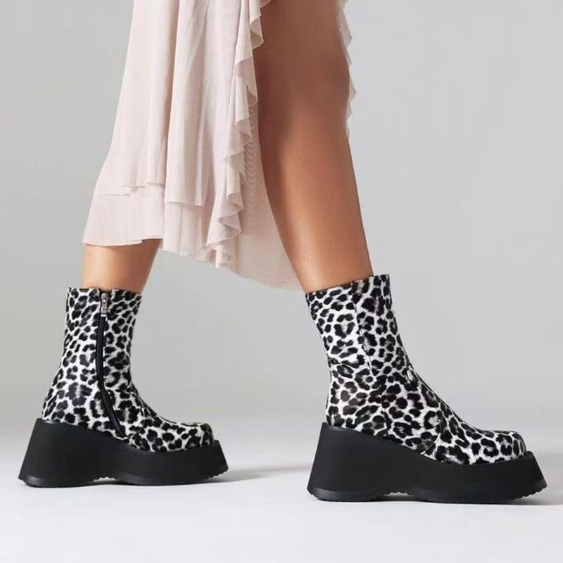 Leopard Platform Women Ankle Boots Fad Wedges High Heels Leather Shoes 2025 Trend Designer Goth Winter Motorcycle Botas De Mujer