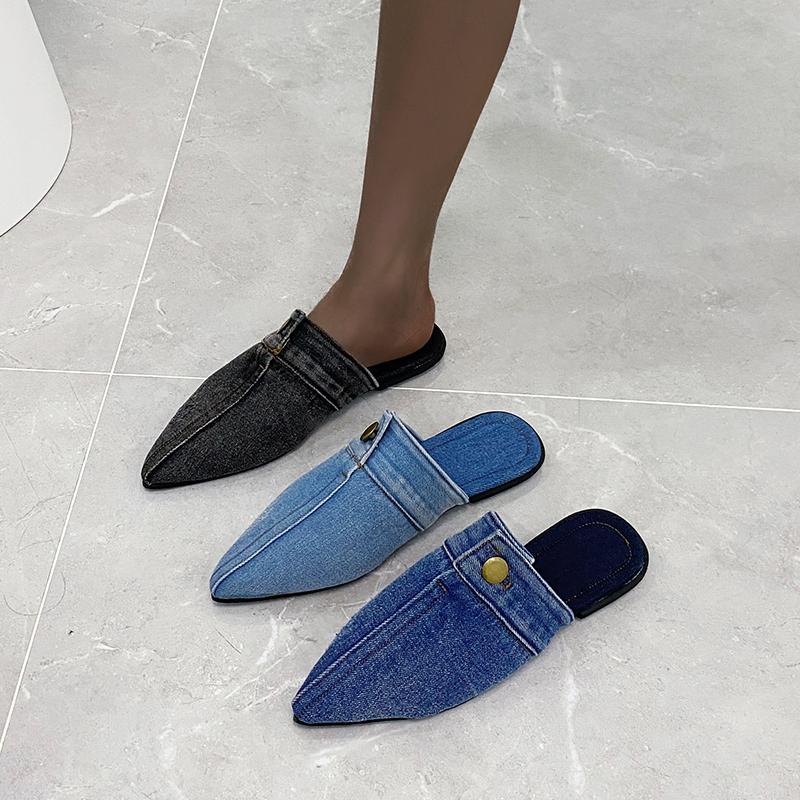 2024 New Womens Slippers Pointed Toe Denim Jeans Flat Slipper Slingbacks Womens Shoes Fashion Sandals Ladies Casual Shoes