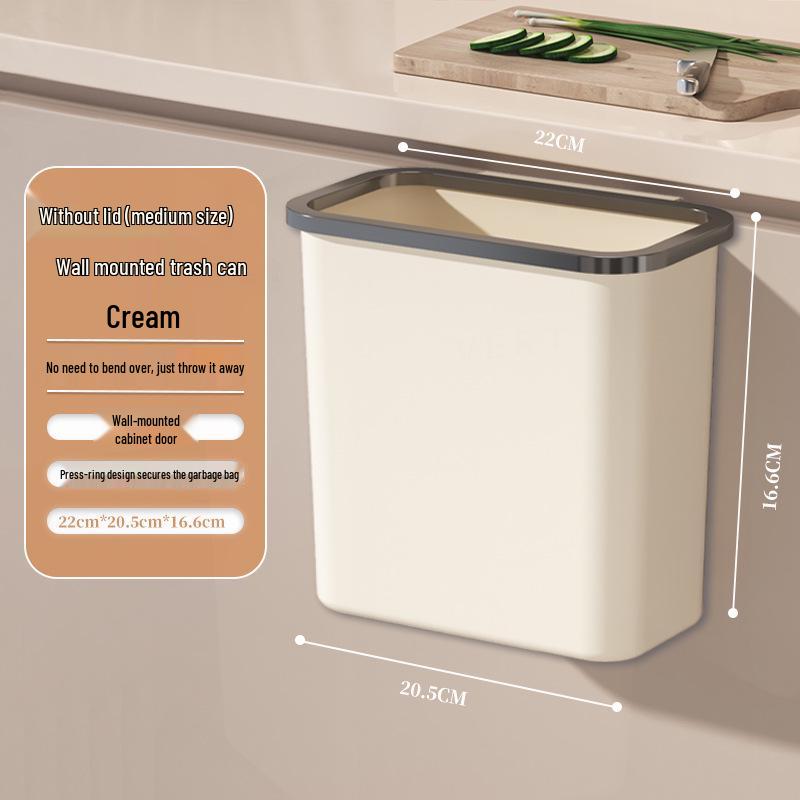 Kitchen Hanging Trash Can, Cream White Wall-Mounted with Lid, No-Marking Sticker, Household Cupboard Waste Basket.
