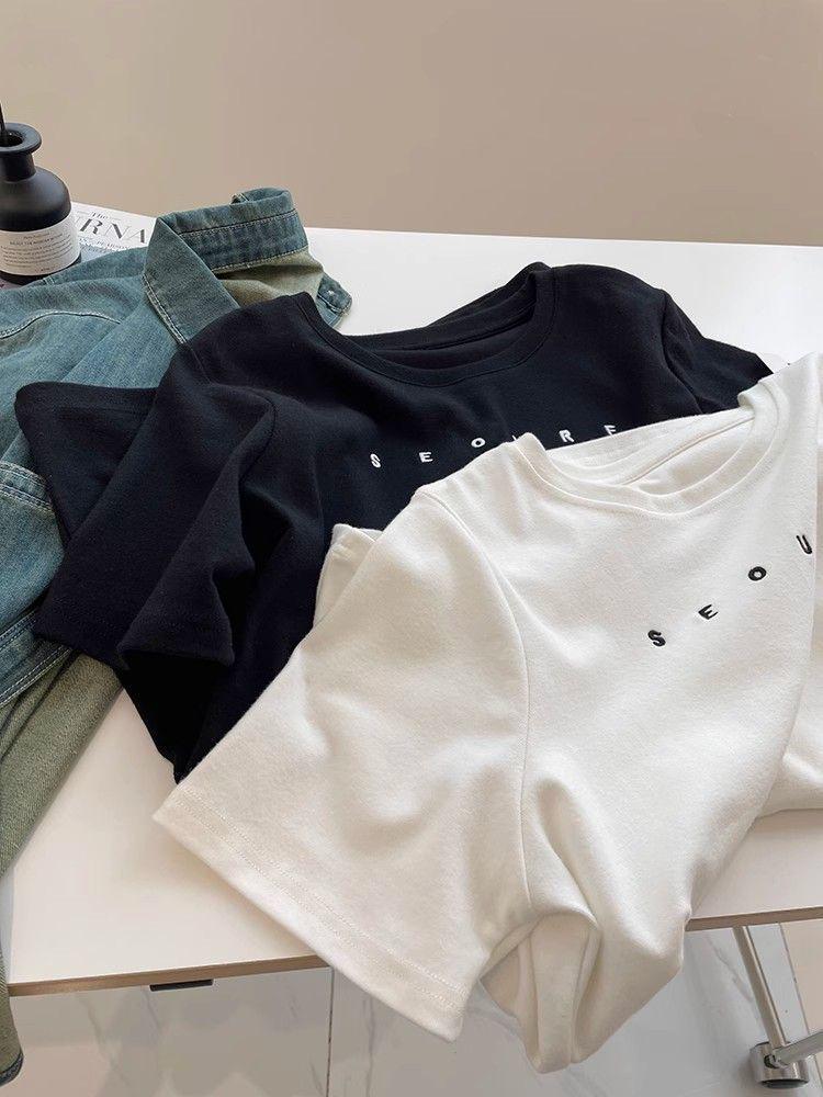 Женская модная футболка с вышивкой и короткими рукавами - Матовая, приталенного кроя, однотонная футболка с круглым вырезом для осени