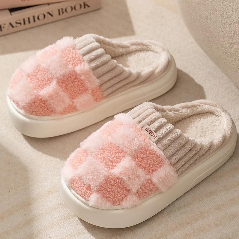 Autumn Winter Women's Slippers Fashion Couple Plaid Cotton Slippers Soft Sole Slides Women Indoor Flat Home Non-slip Warm Shoes