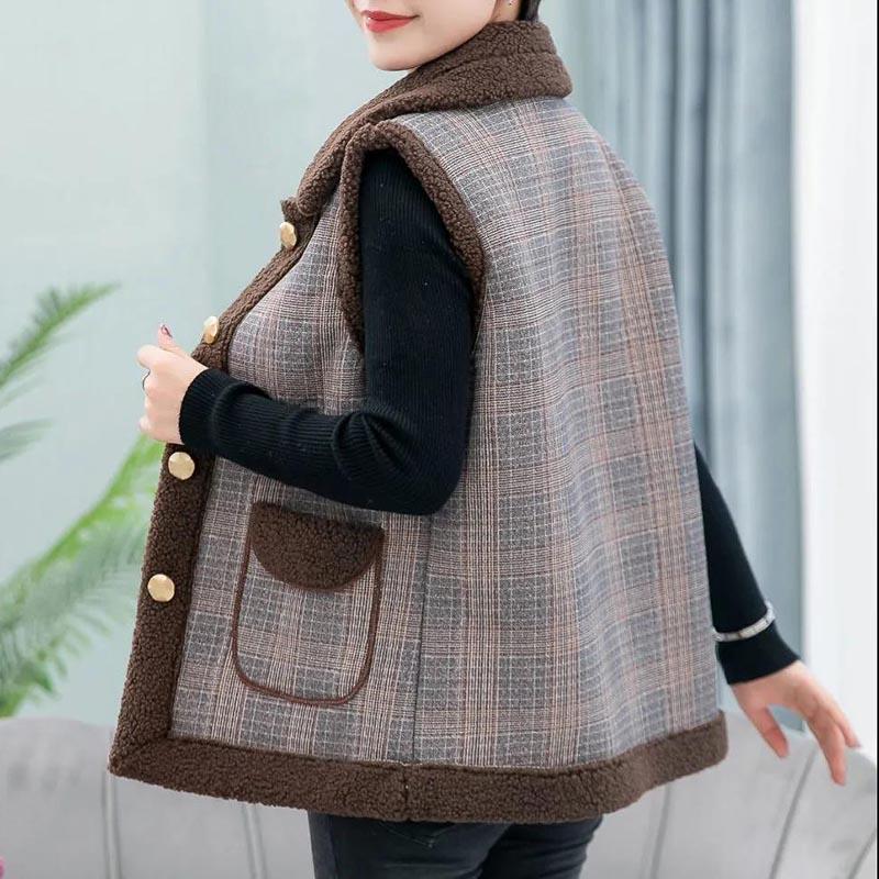 Vest Women's Autumn and Winter Wear Plus Velvet Thick Large Size Middle-aged and Elderly Plaid Sleeveless Jacket