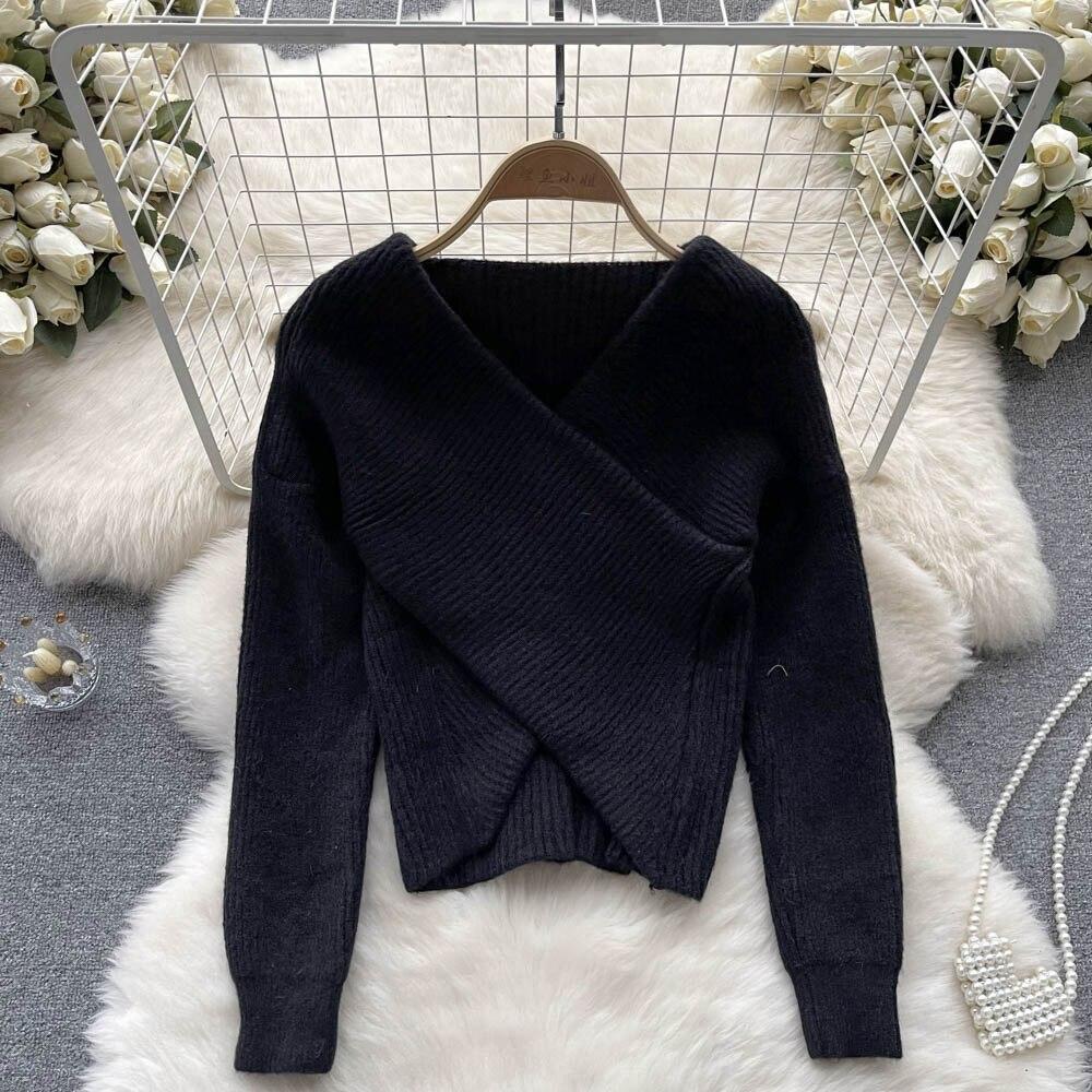 Осенне-зимний корейский свободный тонкий вязаный свитер с v-образным вырезом и нерегулярным ленивым ветром