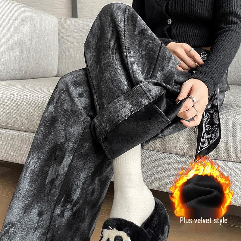 Женские брюки с tie-dye принтом, на флисовой подкладке, с высокой талией, широкие, осенне-зимние 2023 - Модные, Повседневные, Прямого кроя