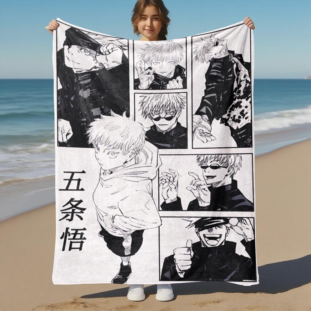 Gojo Satoru Manga Panels Flannel Blanket Super Soft Warm Cozy Blanket for Sofa Bed Office Travel All‑Season Home Decor Gift