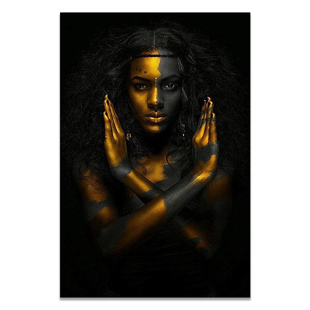 Картина на холсте, настенная картина, модная Африка, золотые, черные женские постеры, принты, произведения искусства для скандинавского модульного домашнего декора гостиной