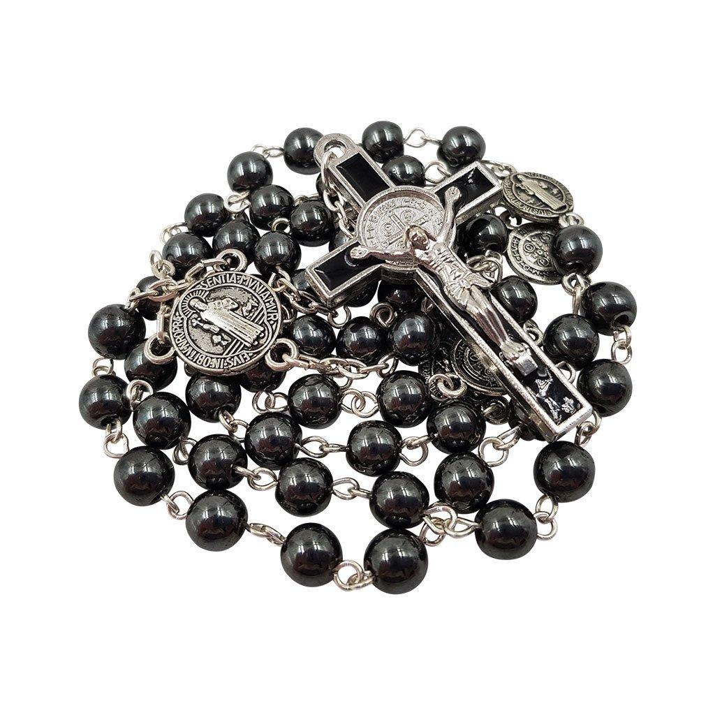 TALISMAN4U Католическое ожерелье с четками и черными гематитовыми бусинами, медаль Бенедикта, подарочный крест из серебра Св.. & Коробка, цинк, покрытая.