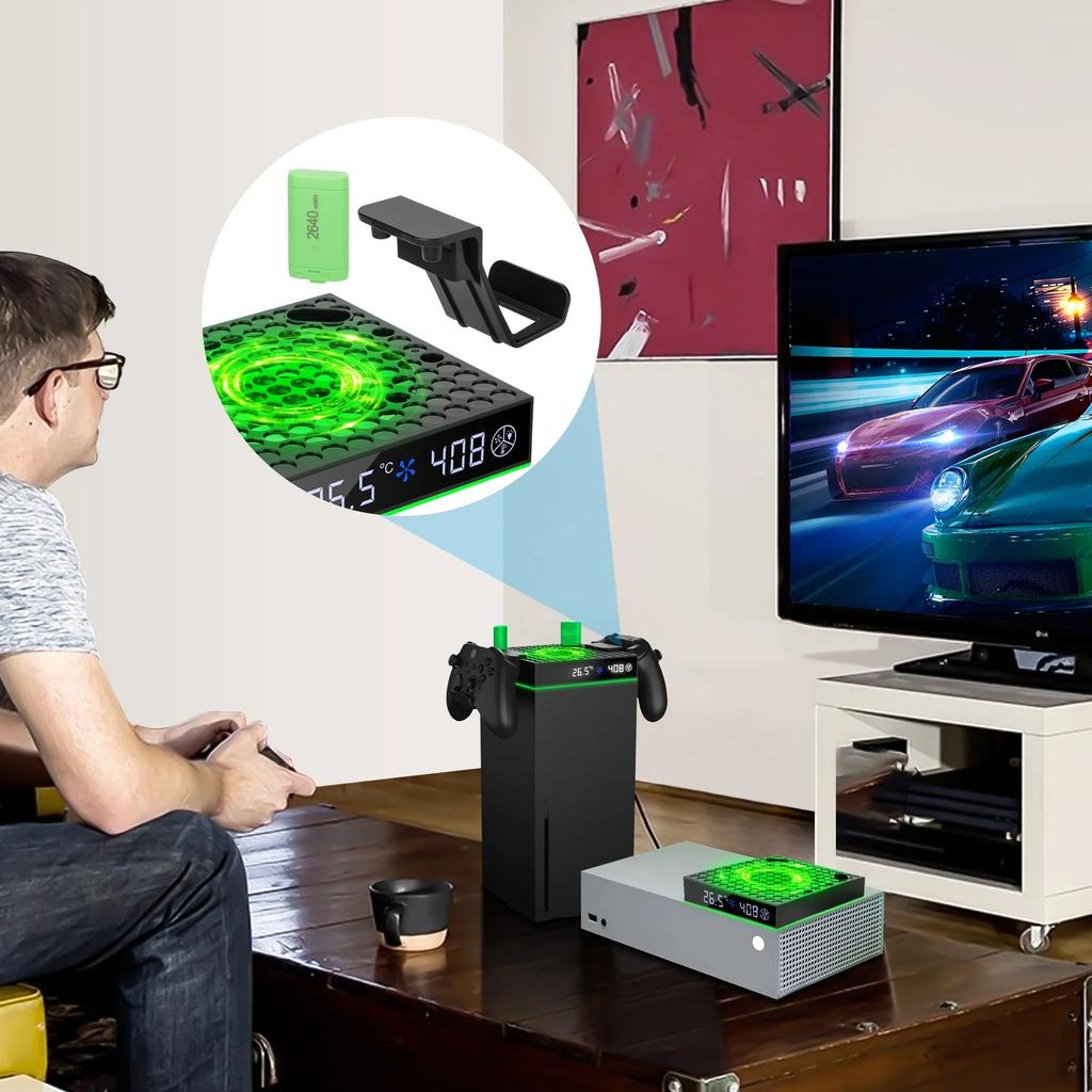 Охлаждающий вентилятор для Xbox Series X/S, зарядная станция с 2 аккумуляторными батареями емкостью 2640 мАч, 3 скорости вращения вентилятора, дисплей температуры, RGB-подсветка