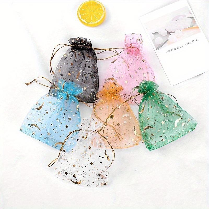100pcs Moon Star Drawstring Organza Bag, Mixed Color Jewelry Pouch Gift Candy Bag, Valentine's Day Christmas Gift Package Display Storage Bag