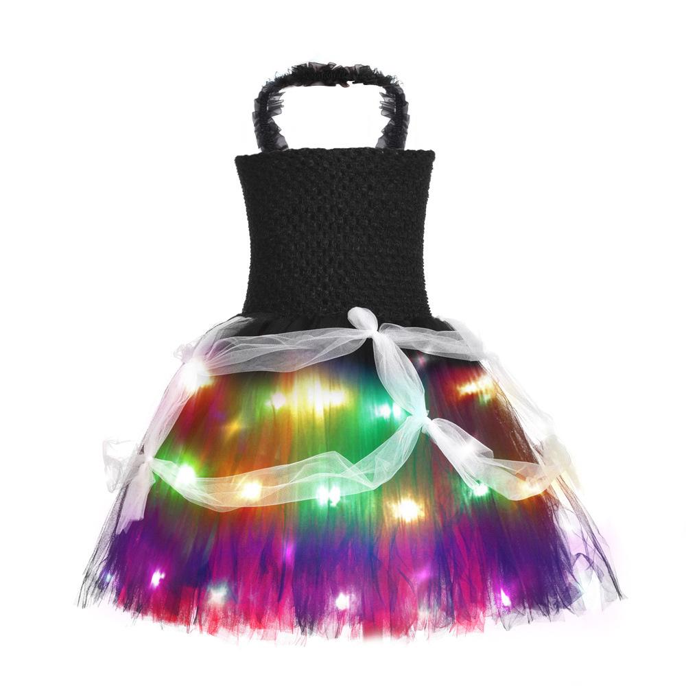Kids Halloween Cosplay LED Heart Glow Tutu Dress, Color Block Handmade Skirt with Magic Wand Black
