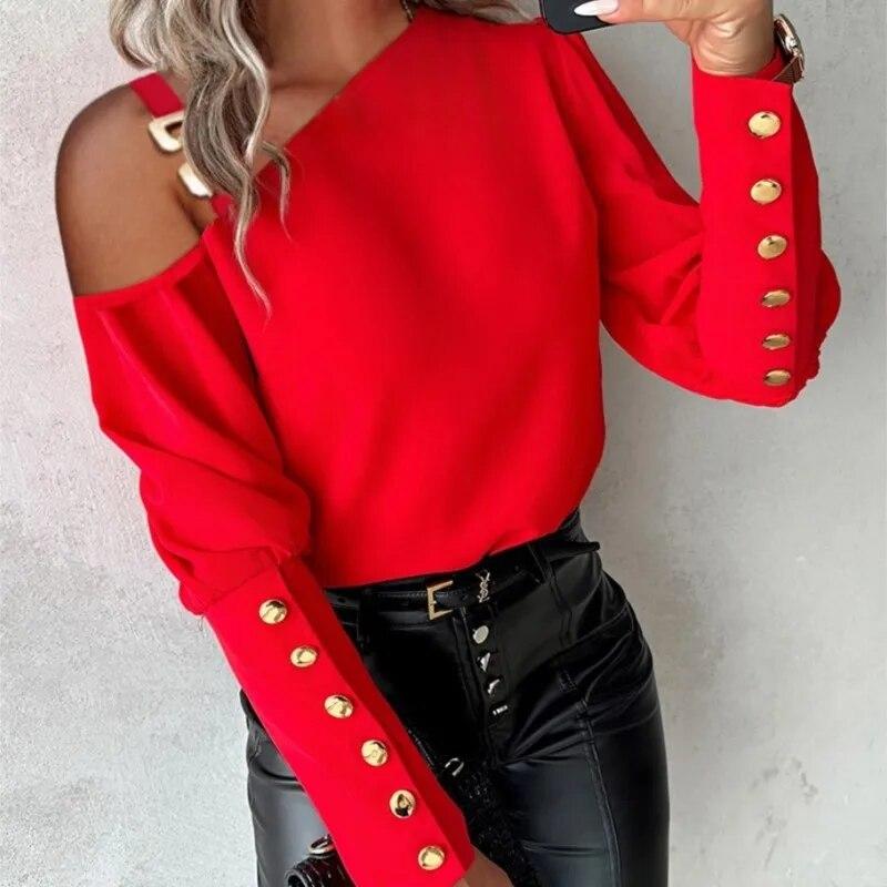 Осень/зима 2024, однотонная металлическая пуговица с диагональными плечами, элегантная офисная рубашка с воротником на пуговицах, женская простота