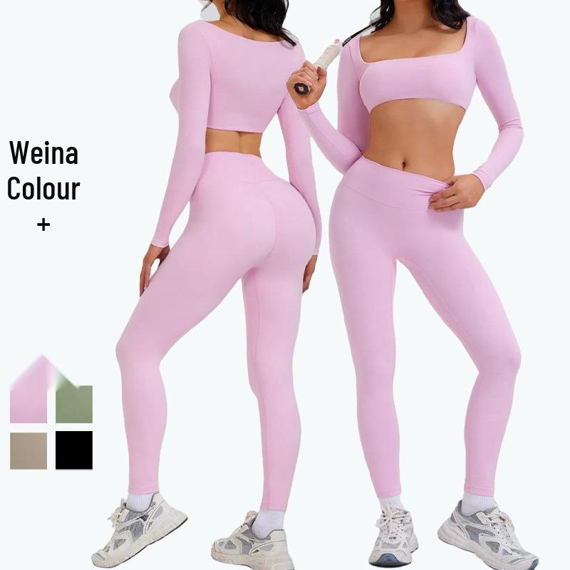 Женский трансграничный набор для йоги: Леггинсы с высокой талией и сексуальный топ с длинным рукавом для фитнеса на открытом воздухе