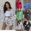 Женский свободный костюм с шортами с высокой талией, шнуровкой и принтом, с длинным рукавом
