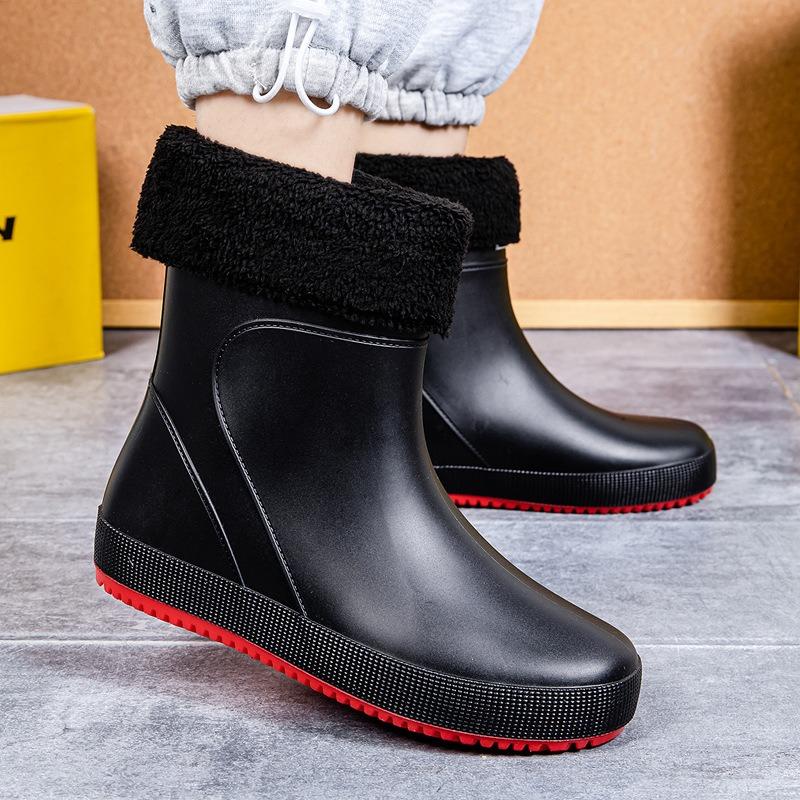 R New Trendy Men's Rain Boots Medium Tube Rain Shoes Flat Bottom Water Shoes Takeaway Fishing Waterproof Glue Shoes