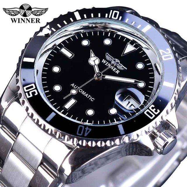 WINNER Top Men's Watch Automatic Mechanical Ribbon Calendar Water Ghost Series Watch Silver Stainless Steel Waterproof Luminous