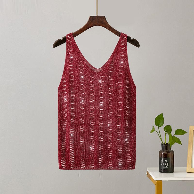 Женская летняя вязаная майка из ледяного шелка с яркой нитью и V-образным вырезом, облегающая майка