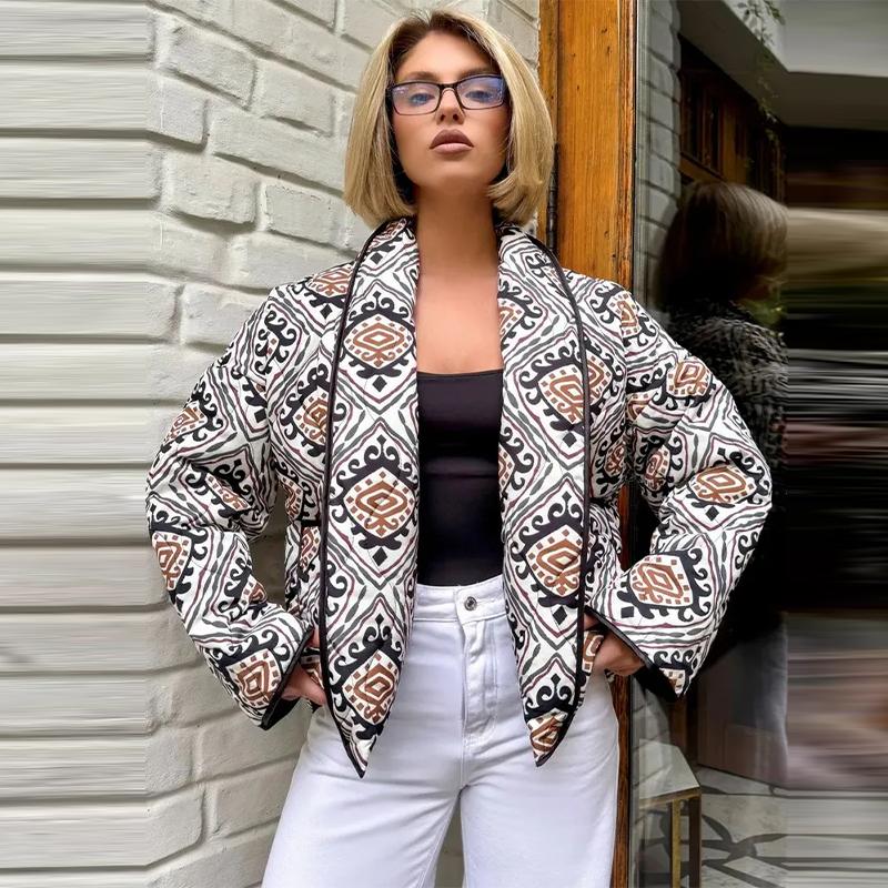 Printed Lace Up Cotton Jacket Lapel Cardigan Thick Warm Women's Oversize Coat Retro Ethnic Style Autumn/Winter 2025