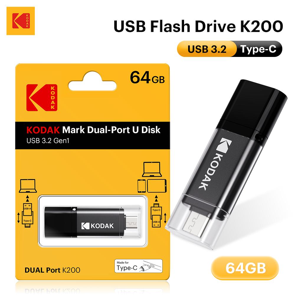 Kodak USB 3.2 флеш-накопитель K200 с двойным интерфейсом Type‑C и USB‑A, OTG, с матовым покрытием, 32 ГБ/64 ГБ/128 ГБ/256 ГБ для ПК, телефона, планшета, автомобиля