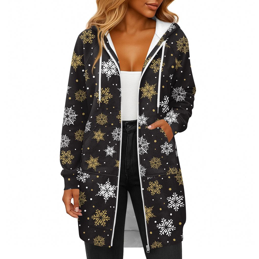 Women's Fashionable Christmas Printed Long Sleeved Drawstring Hooded Zipper Pocket Long Casual Sweatshirt Jacket