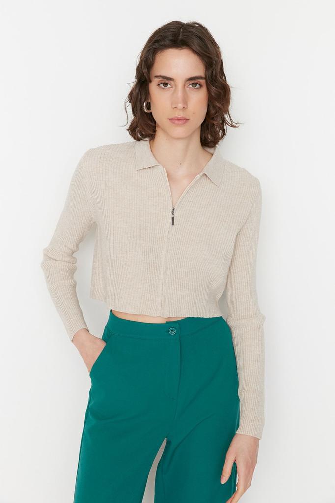 Женский элегантный кардиган Изумрудно-зеленый укороченный трикотаж на молнии кардиган