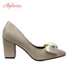 Fashion Aphixta Fashion Bling Crystal Bow 7cm Heels Pumps Women Butterfly-knot Pointed Toe Flock Suede Shoes Super Big Size 35-53