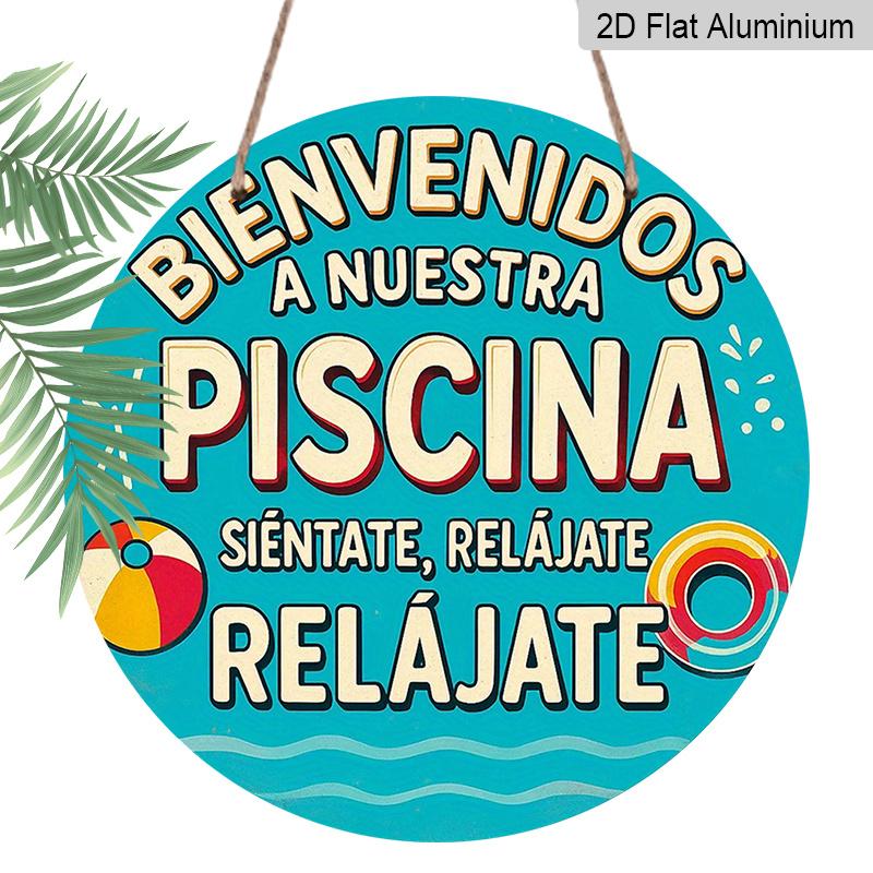 2D Flat, 1pc Vintage Spanish Welcome to the Pool Sign - 7.87x7.87 Inch Round Aluminum Wall Decor Suitable for Pool Areas, Beach Houses, Resorts