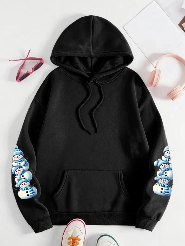 Women Snowman Print Casual Hooded Sweatshirt With Pocket