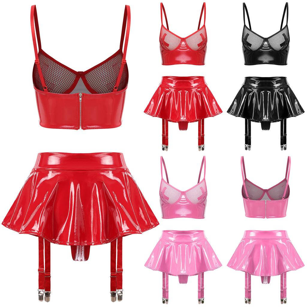 Womens Two Piece Patent Leather Lingerie Set Mesh Underwire Bra Ruffle Miniskirt Garter Belt Clubwear