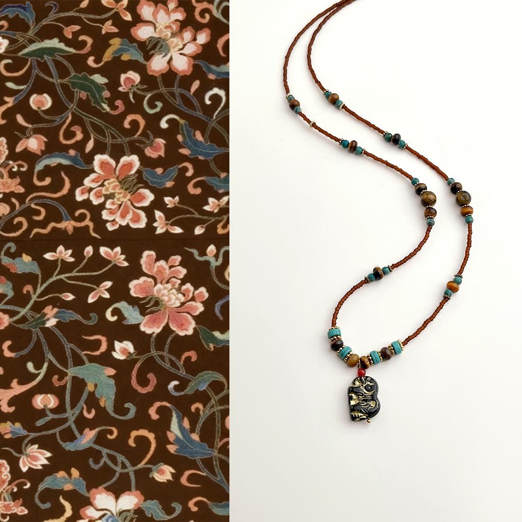 Ожерелье из бусин ручной работы из тигрового глаза и чешского стекла: Этнический стиль, Художественная цепочка для свитера для женщин