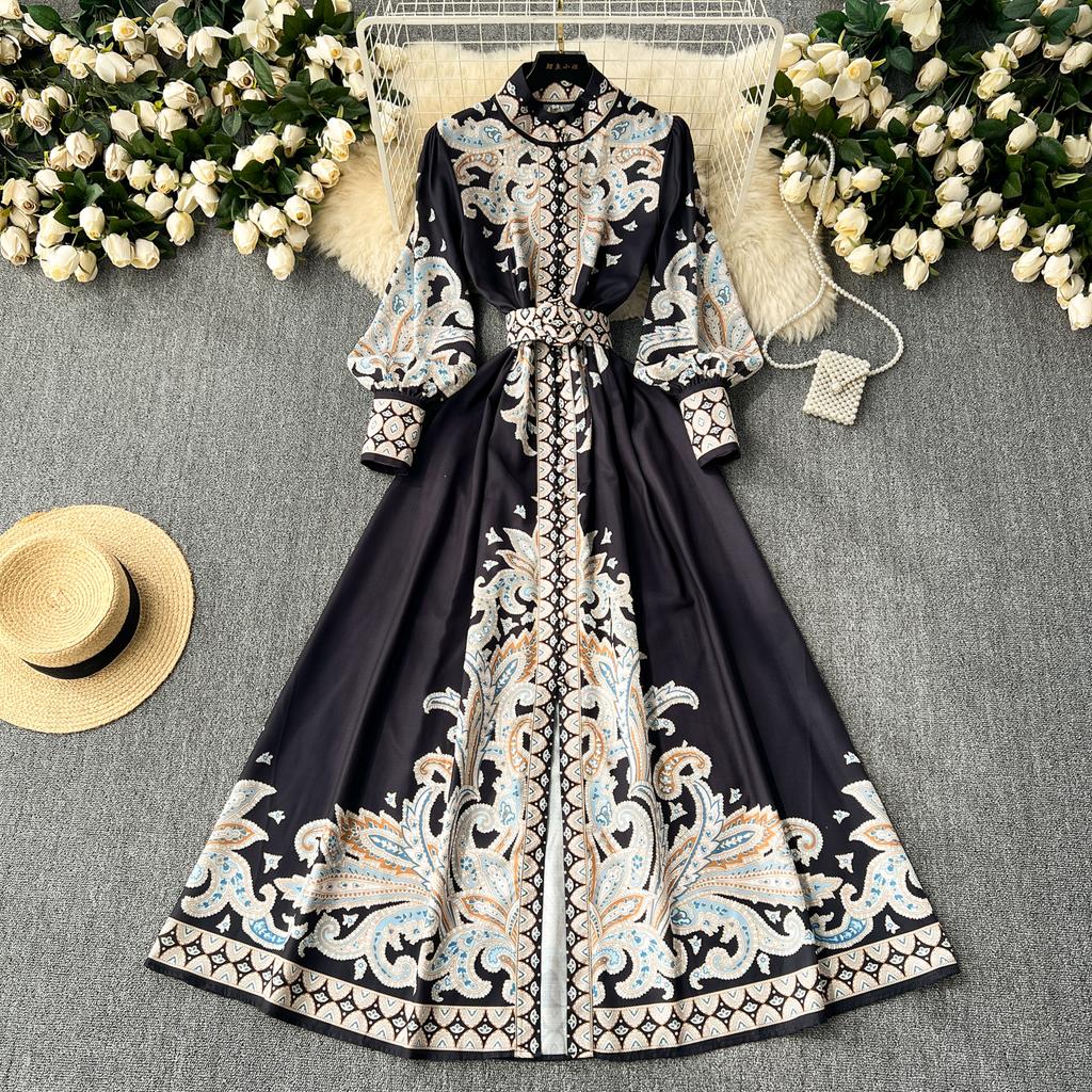 Hikigawa Chic Fashion Women Elegant Stand Collar Belted Slim Waist Dresses Vintage Single Breasted Print Vestidos Mujer