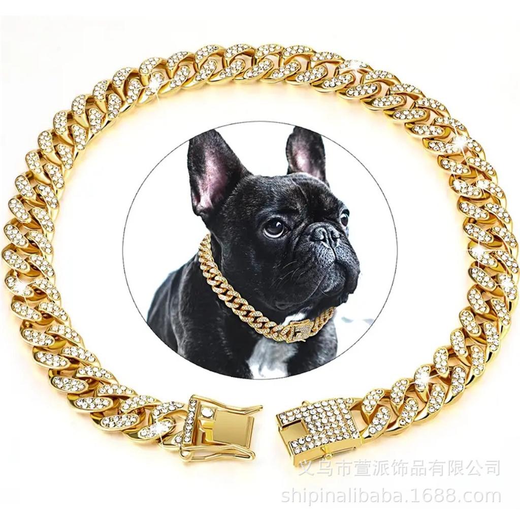 Rhinestone Cuban Chain Zinc Alloy Pet Necklace - Gold Choker for Cats and Dogs