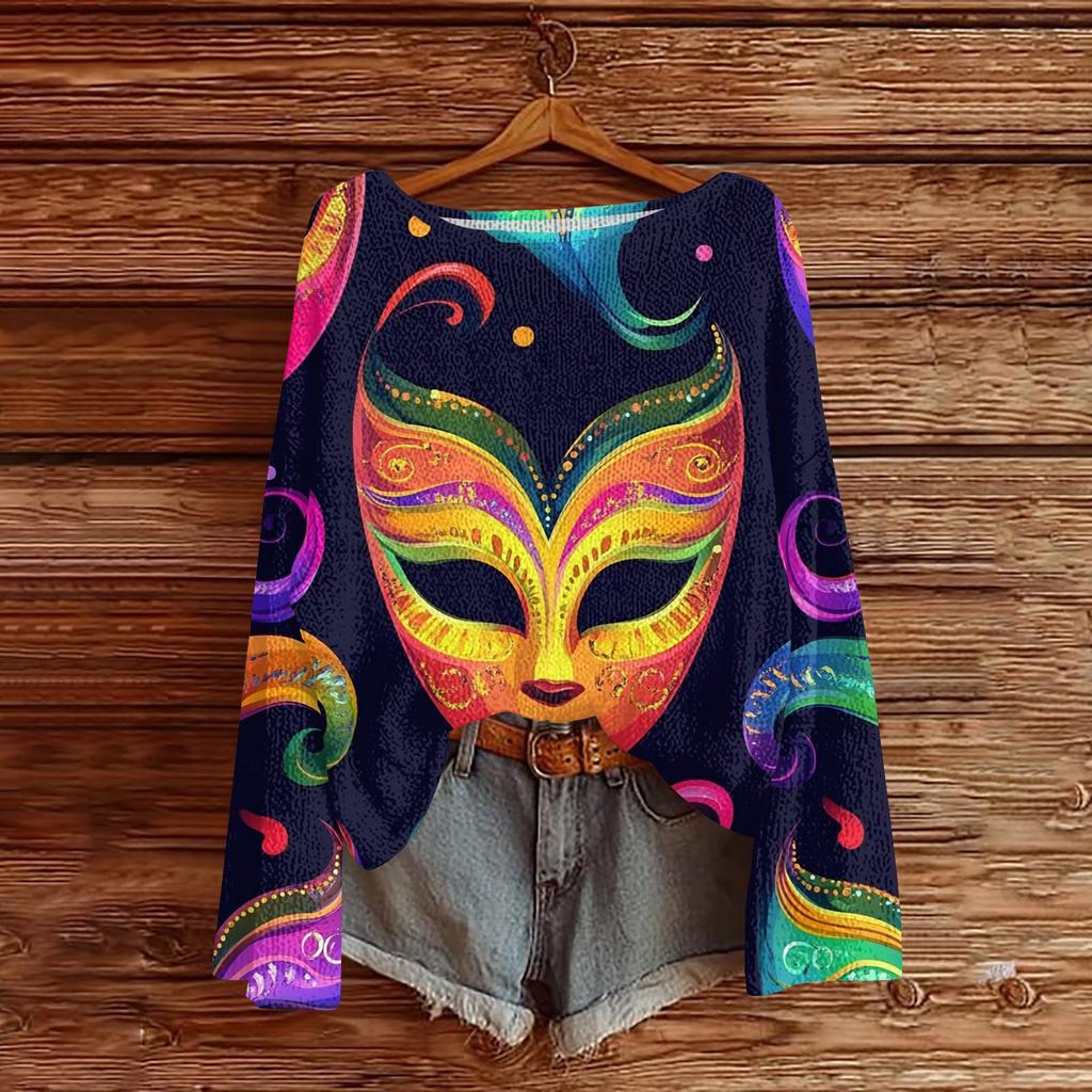 Женский повседневный модный топ с круглым вырезом, с карнавальным принтом, с длинным рукавом, вязаный пуловер