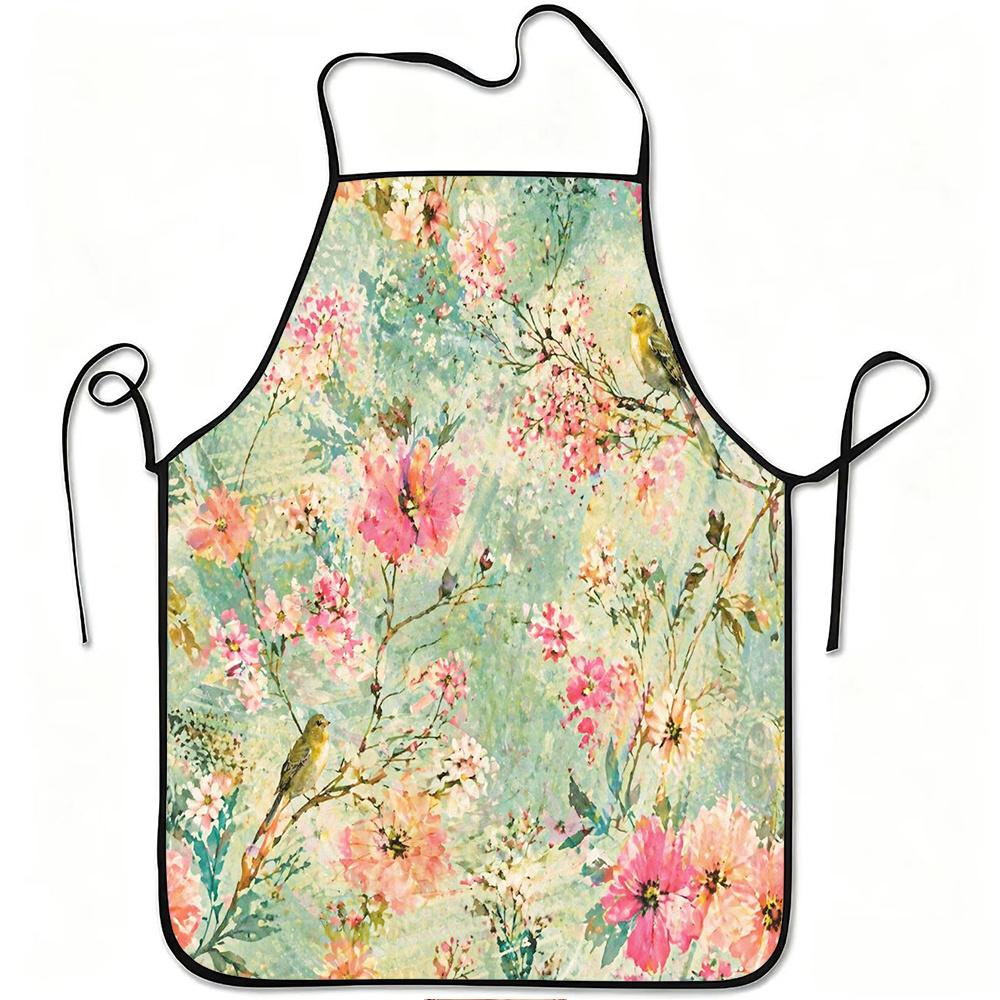 1pc Spring Flowers and Birds Print Apron, Durable and Easy to Clean, Adjustable Waistband, Polyester Material, for Kitchen Cooking, Gardening, Orchard