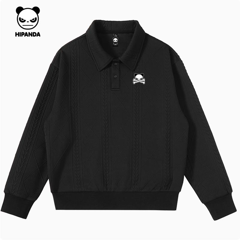 Hello Hipanda, Panda Light Luxury Jacquard Craftsmanship Flip Collar and Velvet Hoodie Texture Top