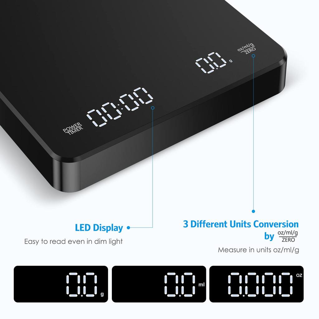 Coffee Scale with Positive and Negative Timer 3kg/0.1g High Precision Kitchen Digital Food Scale Matte Black Espresso Scale